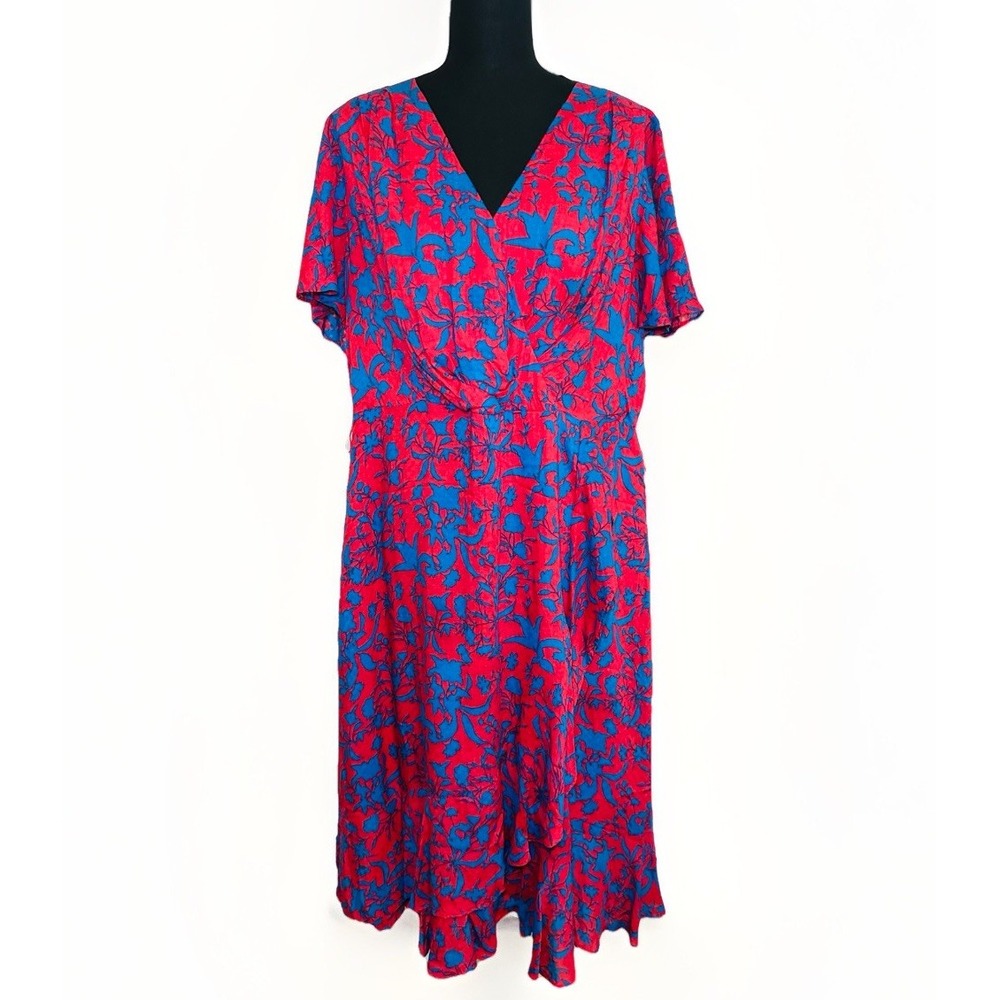 Jessica Simpson 1X Floral V Neck Flutter Sleeves Red Blue Floral Midi Wrap Dress